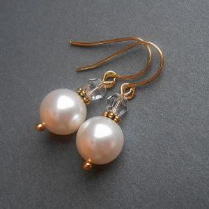 Pearl Earrings In Gold With White Swarovski..