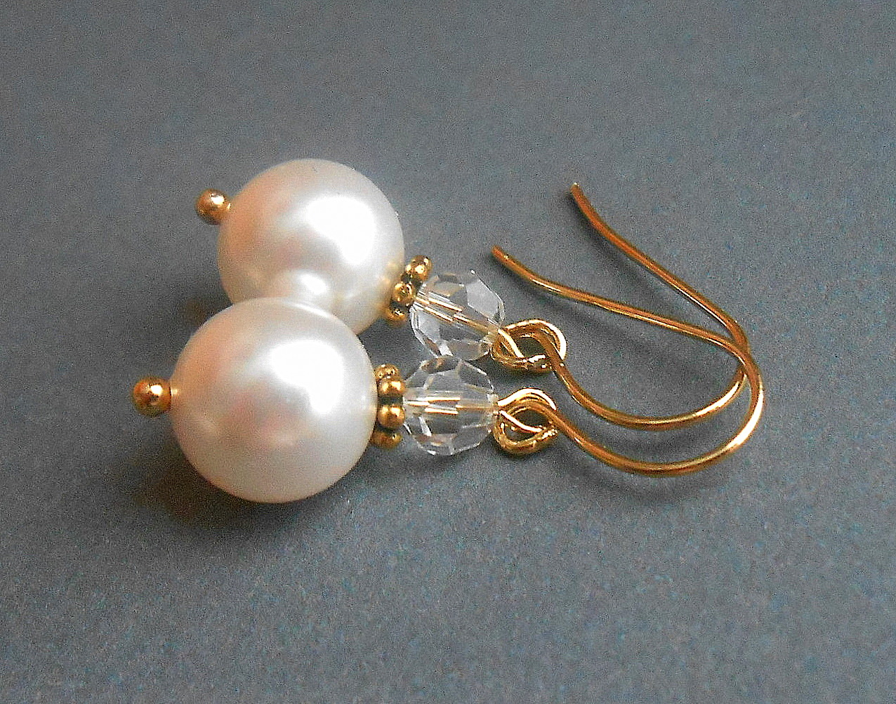 Pearl Earrings In Gold With White Swarovski Crystal Pearls
