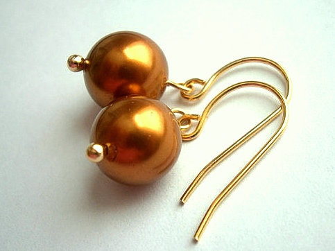Pearl Earrings In Gold With Copper Swarovski Crystal Pearls